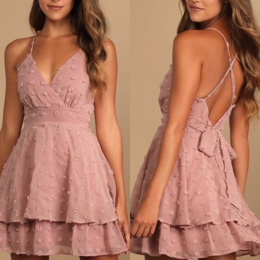 NWT Lulu’s Mauve Polka Dot Tiered Tie Waist Mini Dress
